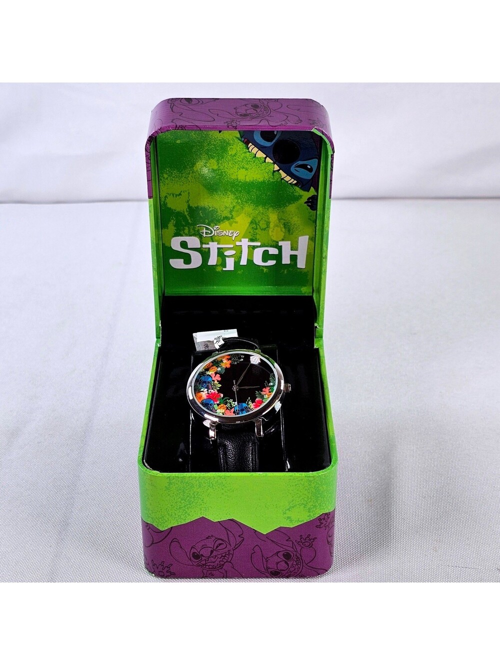 Disney Stitch Floral Dial Watch Black Faux Leather Strap Collectible Tin NEW - Picture 1 of 12